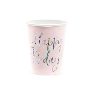 PCo Papírové kelímky - motiv Happy B-day, růžová 220 ml, 6ks
