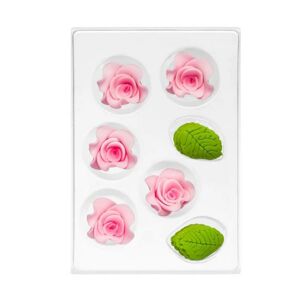 Cukrová dekorace Růže malá růžová s lístky (11 ks)