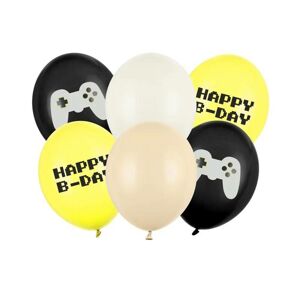 PartyDeco balónky bílé, žluté a černé s herním motivem Happy B-Day (6 ks)